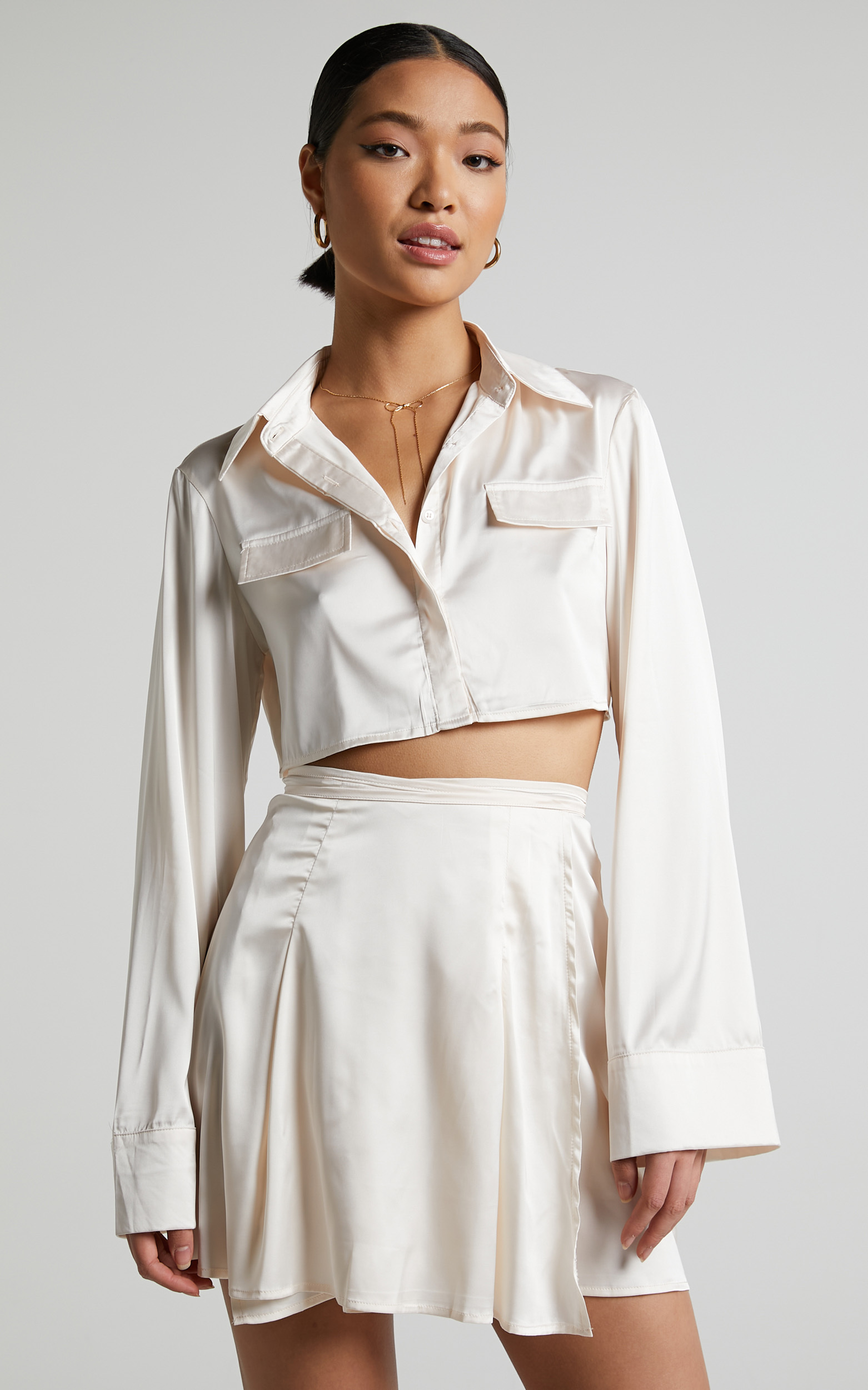 Jamilla Two Piece Set - Long Sleeve Cropped Shirt and Tie Waist Mini Skirt in Ivory - 04, WHT1, hi-res image number null
