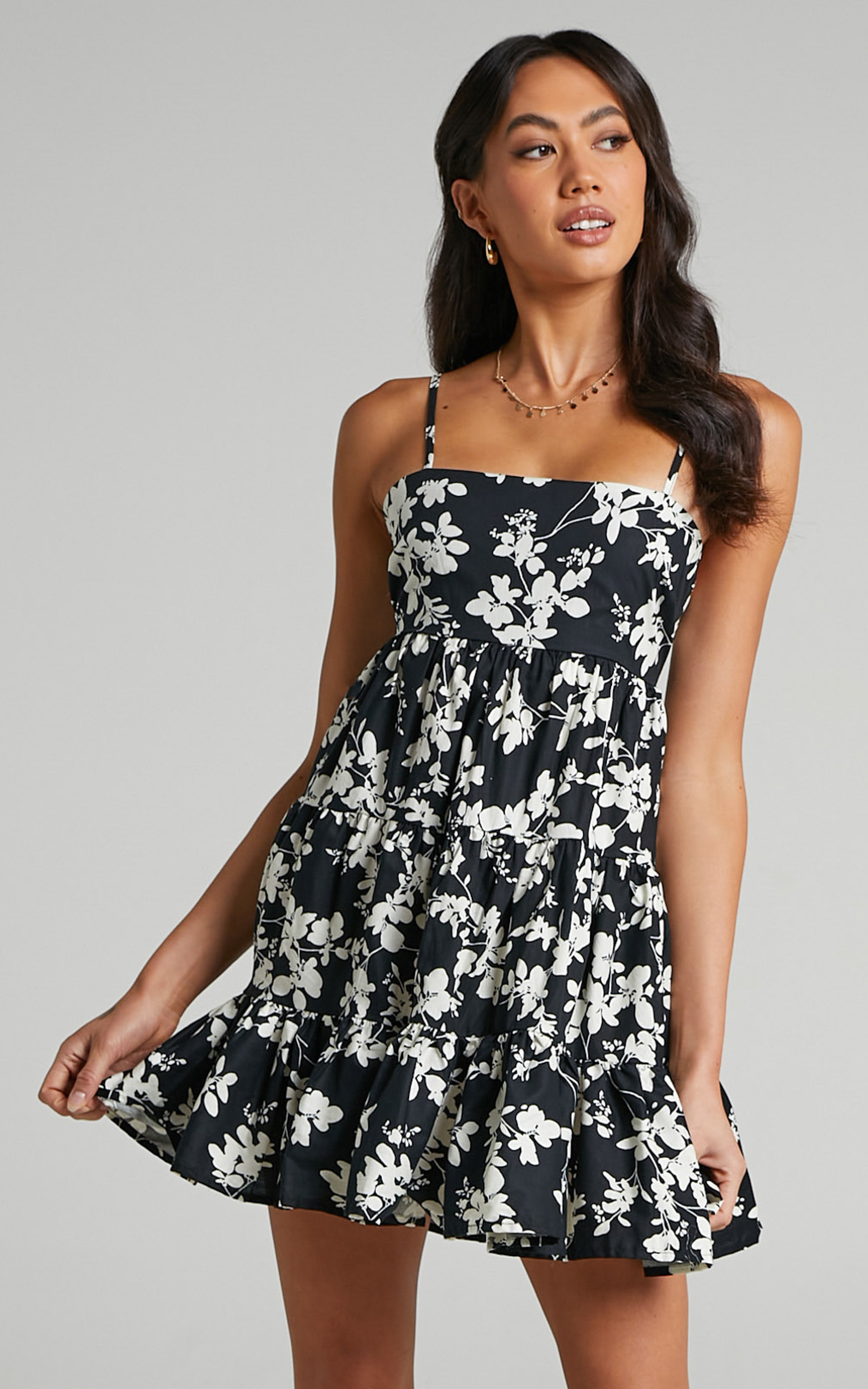 Lorelle Straight Neck Tiered Mini Dress in Black Floral - 04, BLK2, hi-res image number null