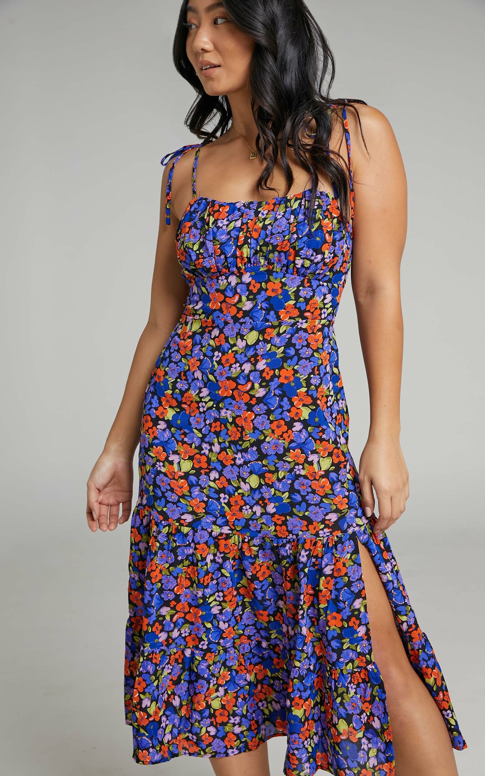 Eithna Ruched Bust Strappy Midi Dress in Dark Floral - 06, MLT1, hi-res image number null