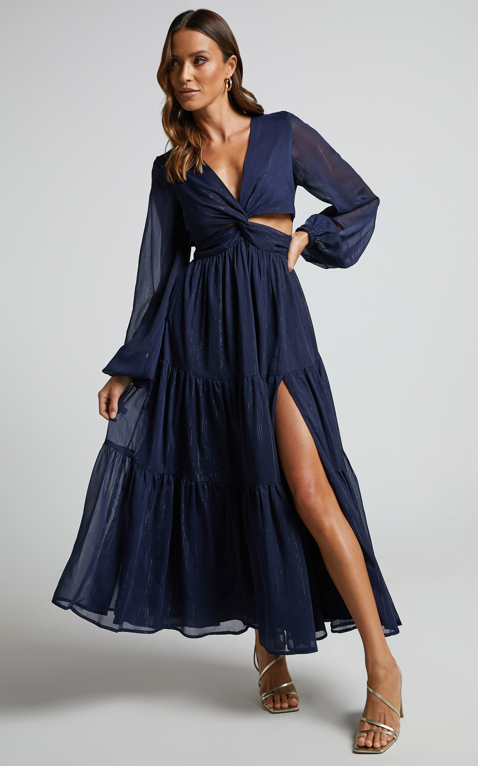 Edelyn Midi Dress - Cut Out Balloon Sleeve Tiered Dress in Navy - 04, NVY1, hi-res image number null