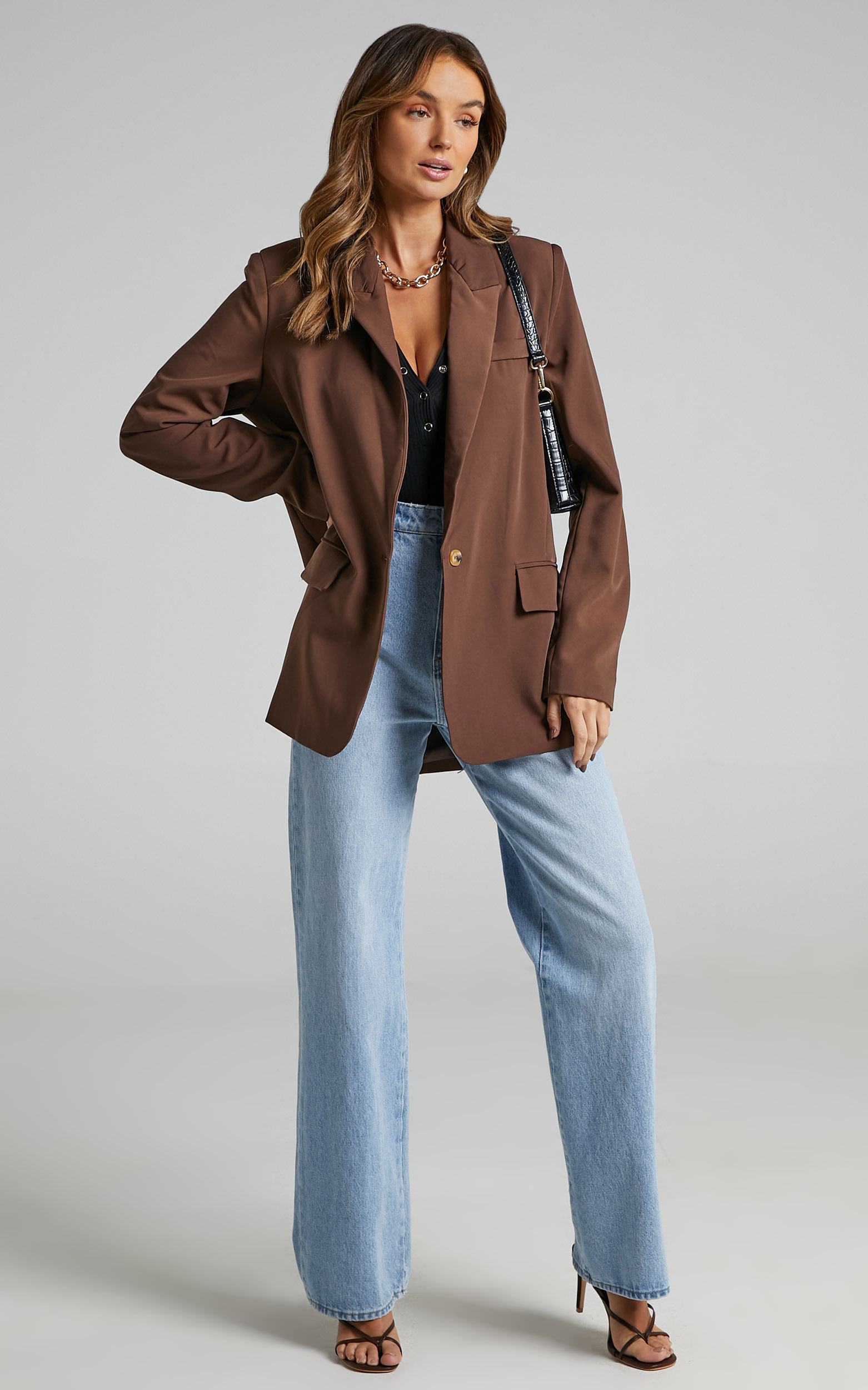 Caralina Blazer - Oversized Single Breasted Blazer in Chocolate - 06, BRN2, hi-res image number null