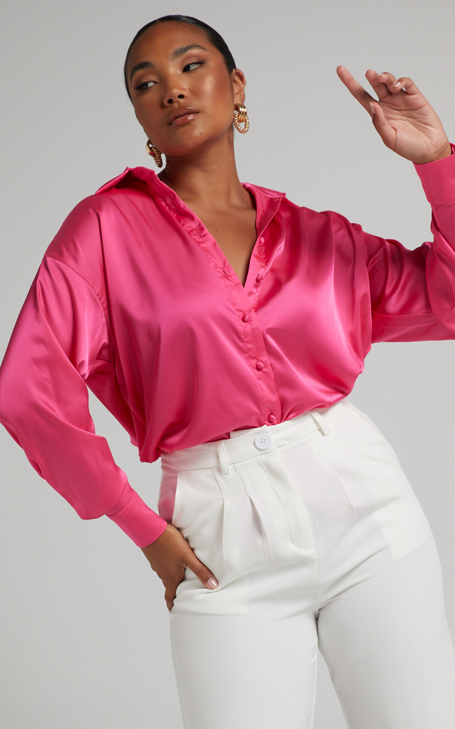 Blaze Oversized Relaxed Shirt in Hot Pink Satin - 06, PNK3, hi-res image number null
