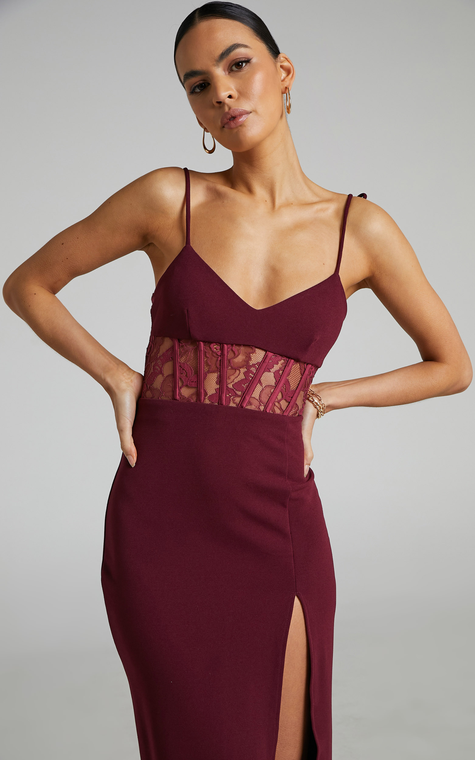 Lezel Lace Panel High Split Maxi Pencil Dress in Maroon - 04, WNE1, hi-res image number null