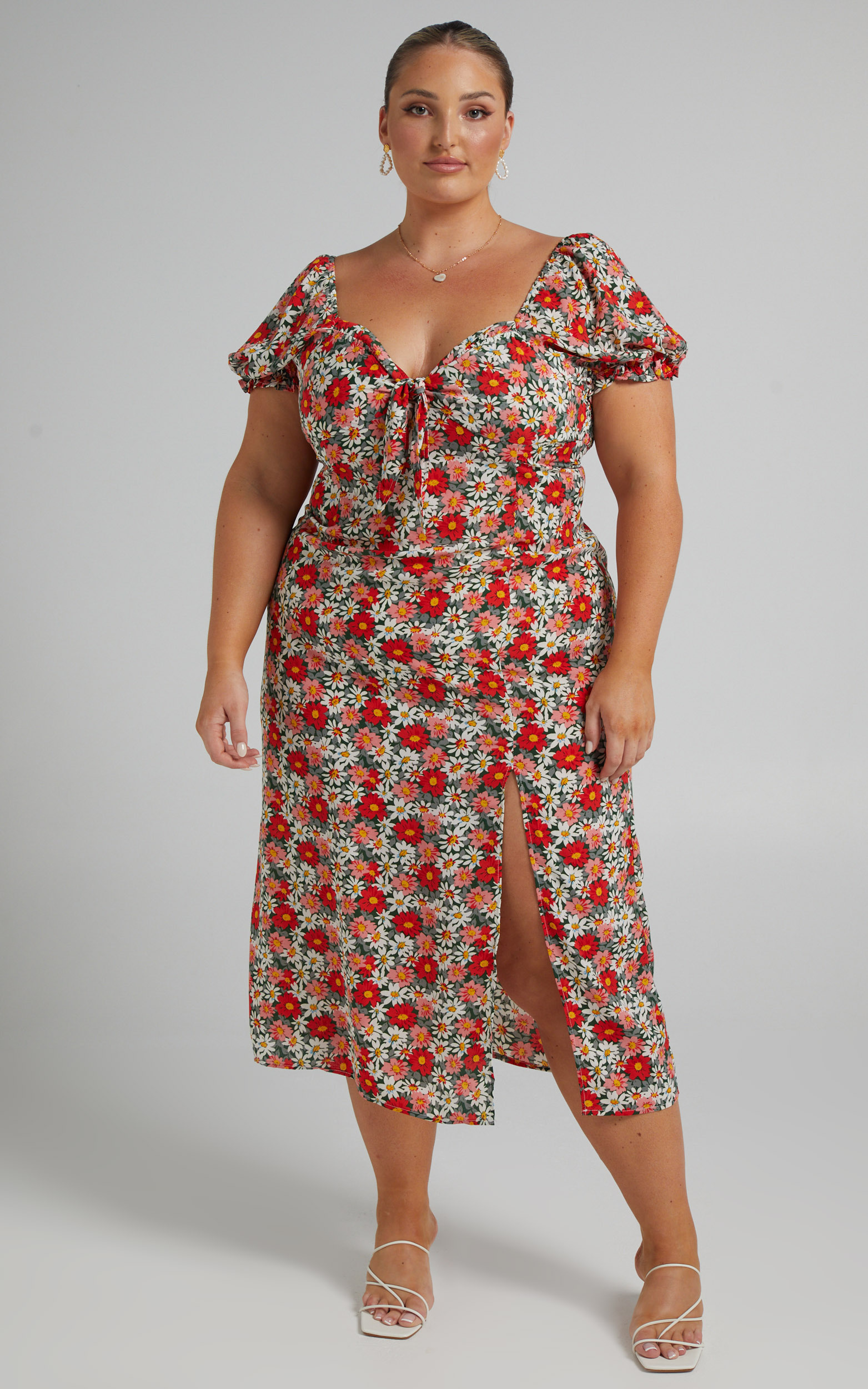 Patty Midi Dress with Front Bust Tie in Navy Floral - 04, NVY1, hi-res image number null