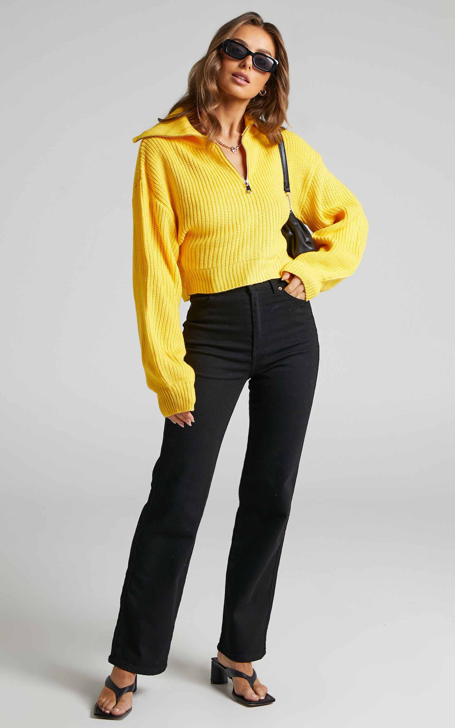Anjeanette Puff Sleeve Quarter Zip Sweater in Yellow - L, YEL1, hi-res image number null