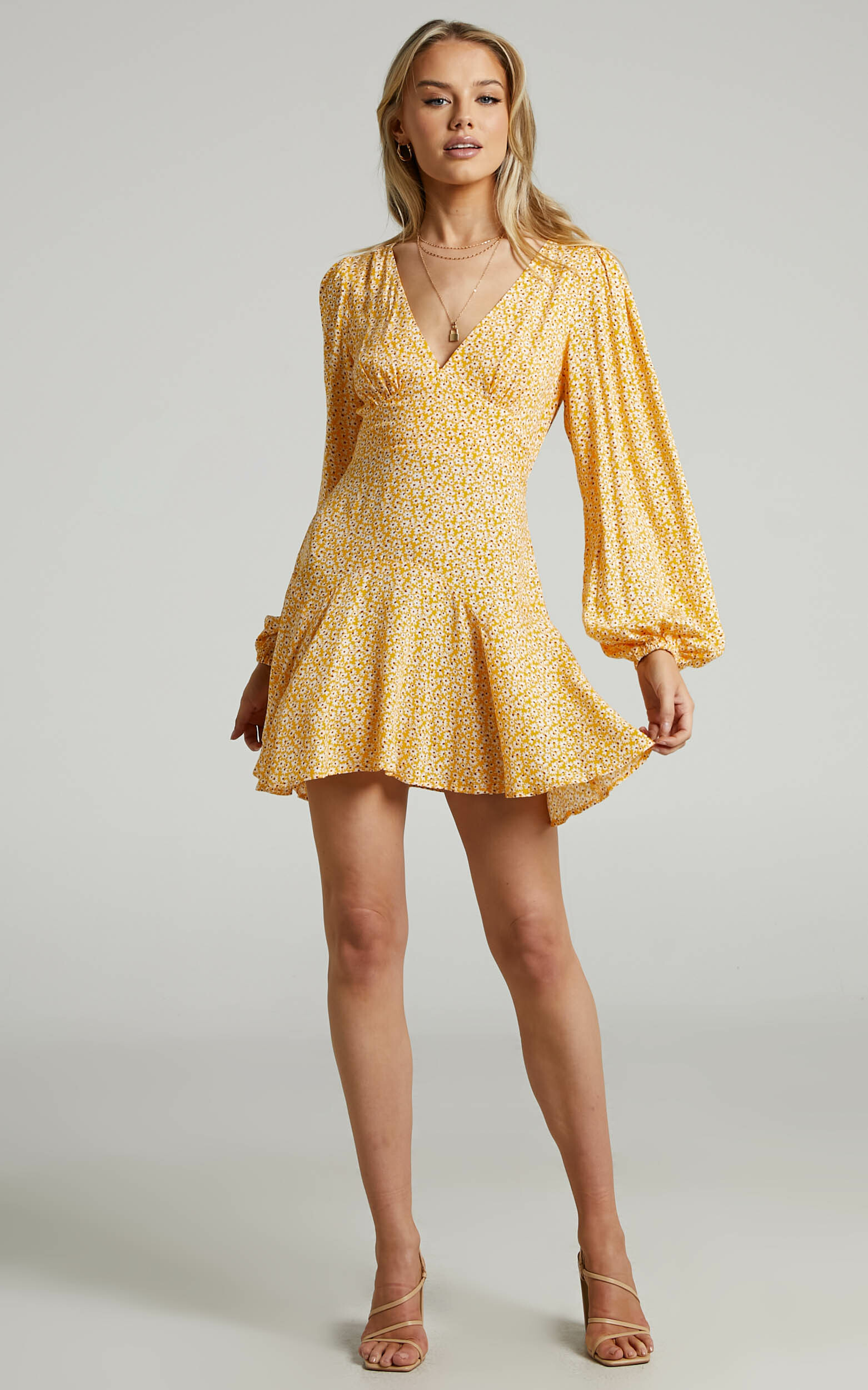 Riecha Long Sleeve Mini Dress in Yellow Floral - 04, YEL1, hi-res image number null