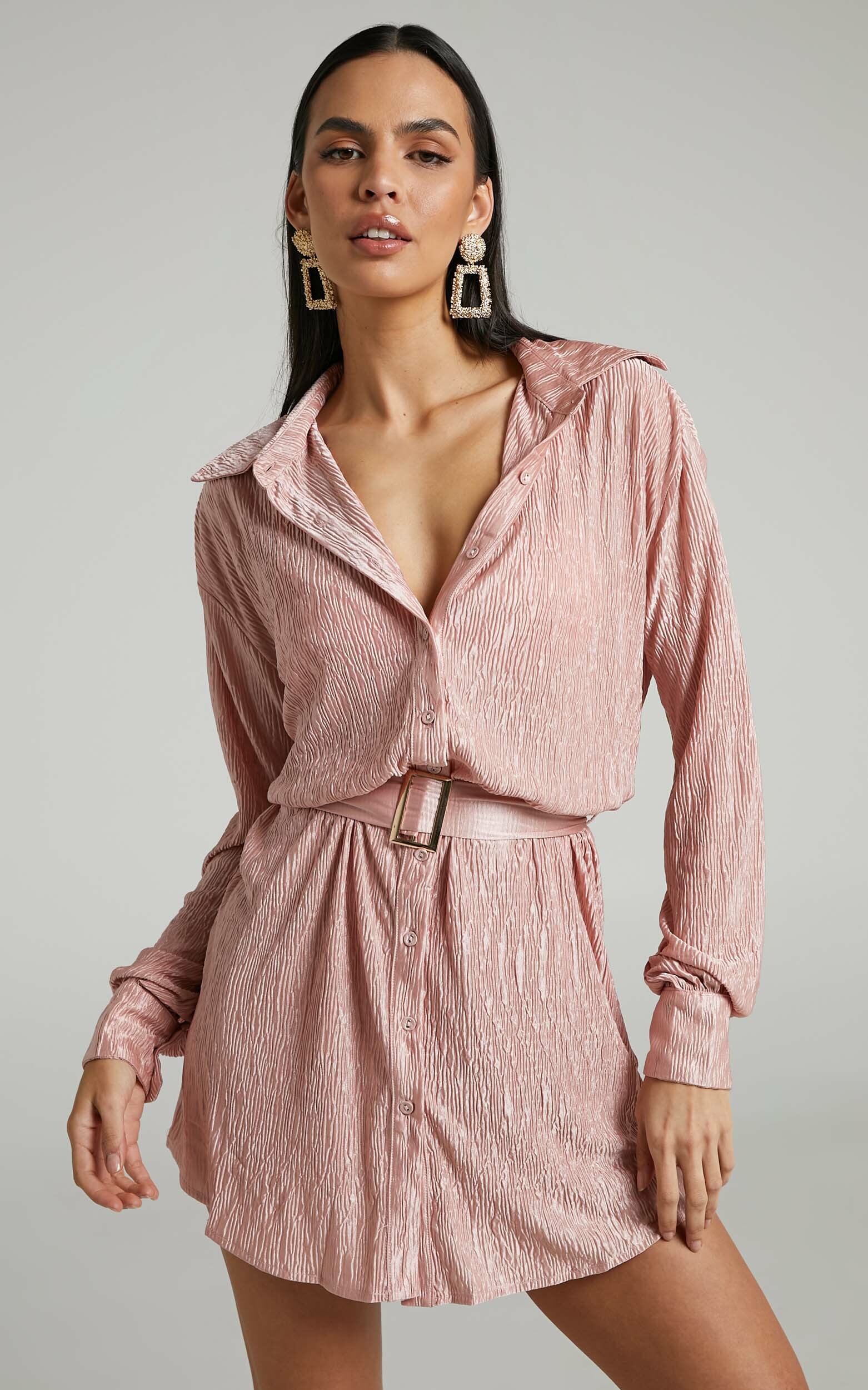 Rosamund Belted Button Up Crinkle Mini Shirt Dress in Dusty Pink - 04, PNK1, hi-res image number null