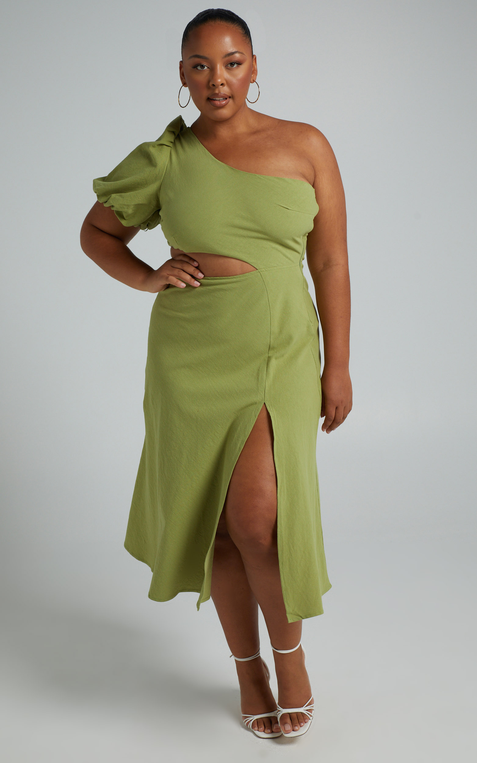 Marcia One Shoulder Midi Dress with Side Cut Out in Green Linen Look - 04, GRN3, hi-res image number null
