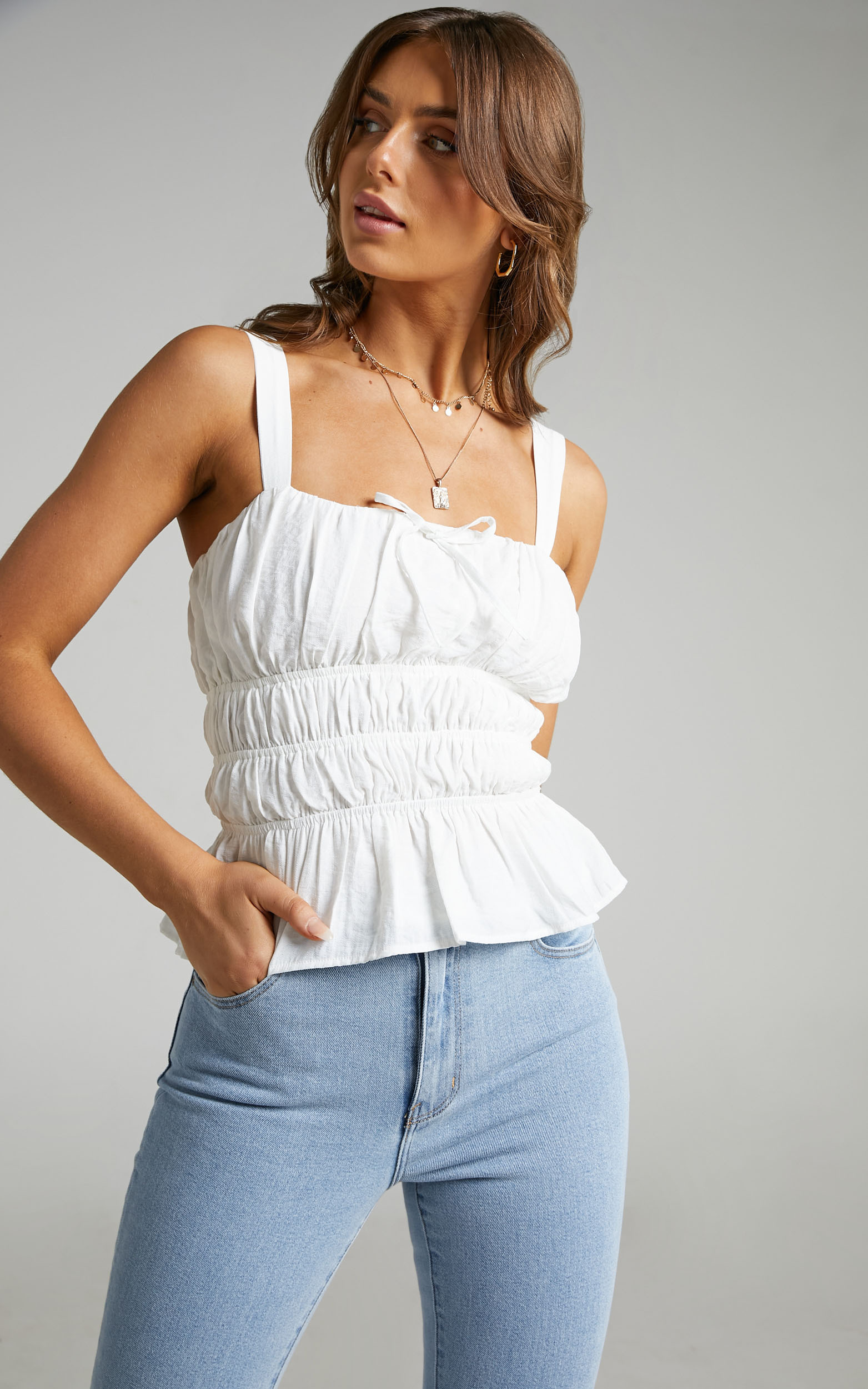 Novana Ruched Peplum Top in White - 06, WHT1, hi-res image number null
