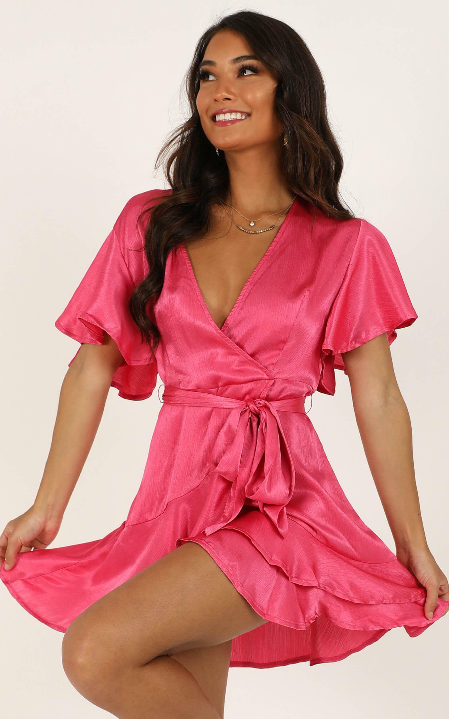 All I Want To Be Ruffle Mini Dress in Hot Pink Satin - 14, PNK2, hi-res image number null