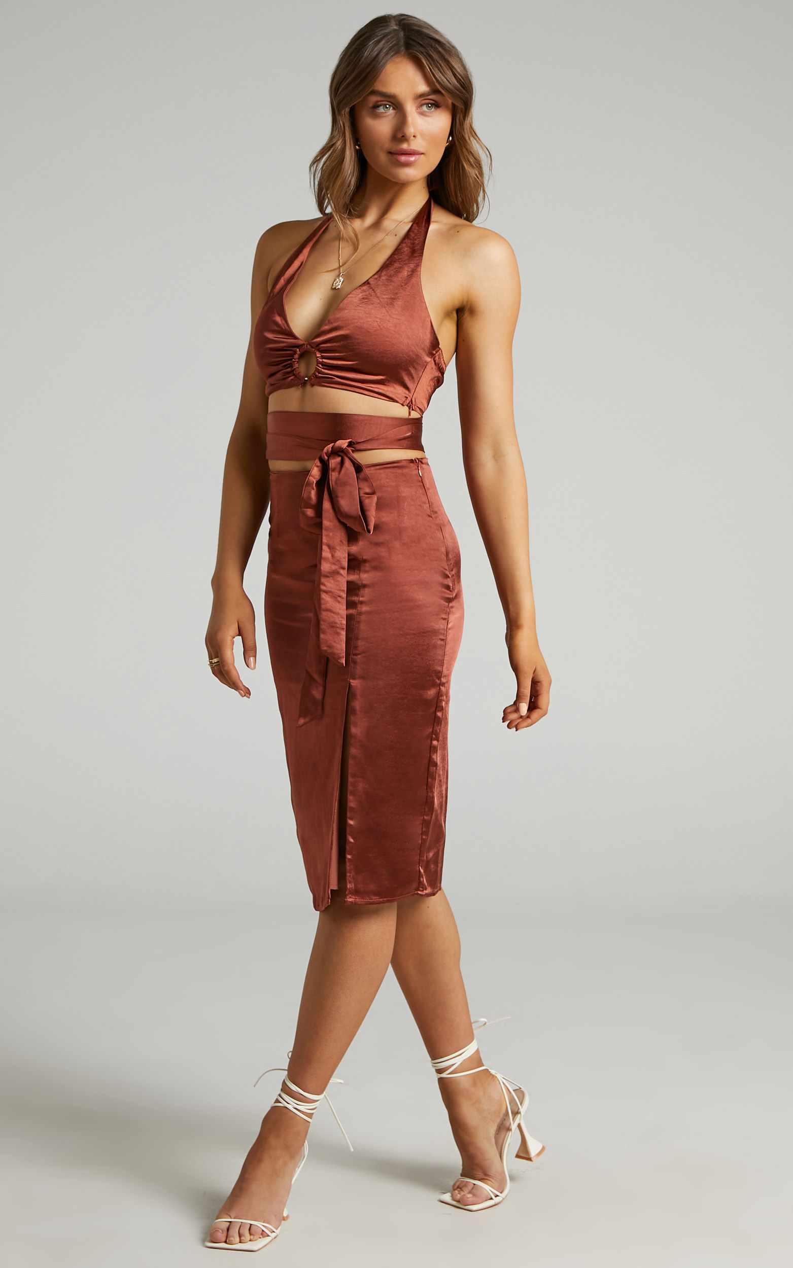 Sharelle Wrap Tie Halter Satin Two Piece Set in Rust - 06, BRN1, hi-res image number null