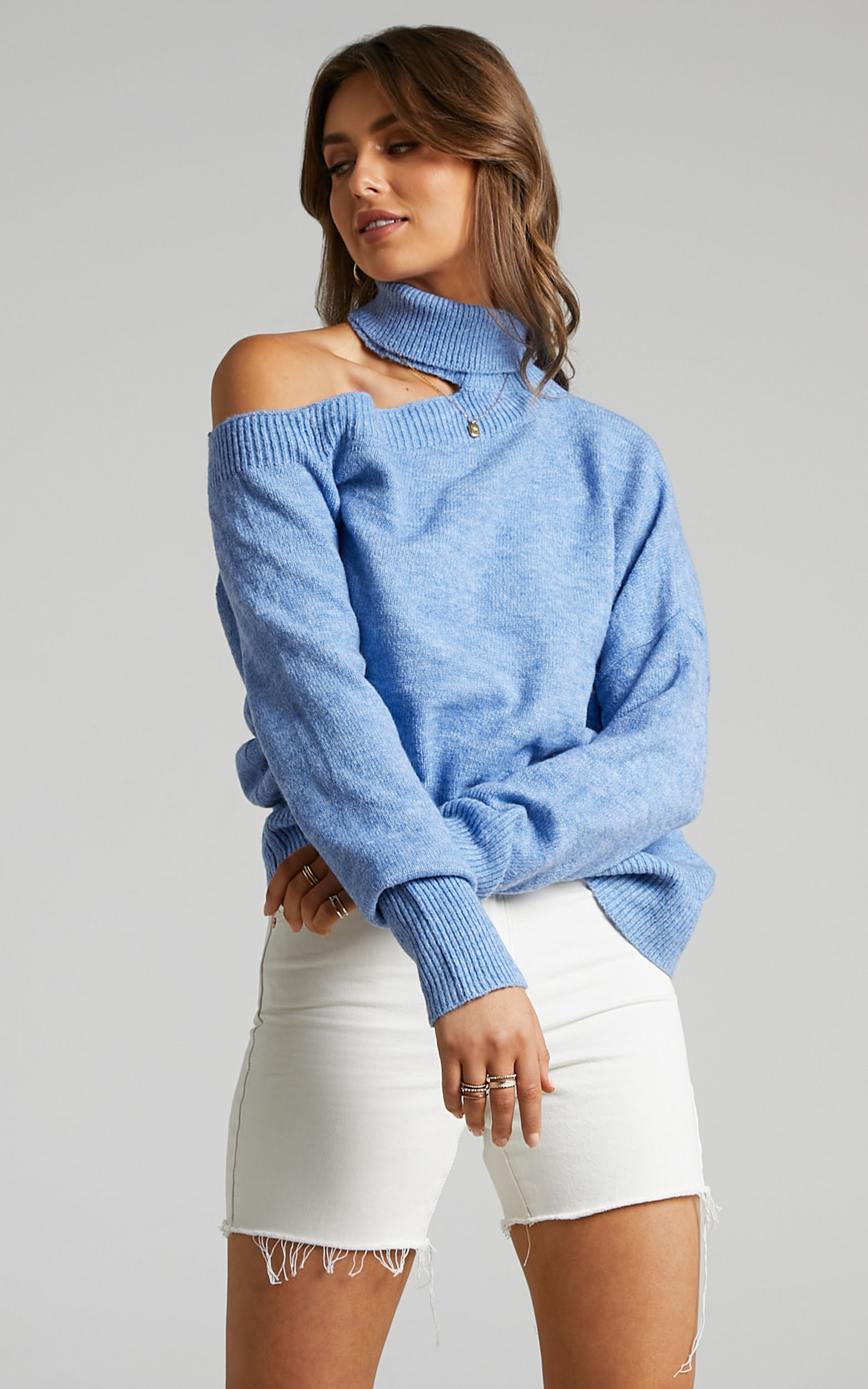Ceila Knit Top with Shoulder Cut Out in Cornflower Blue - 06, BLU1, hi-res image number null
