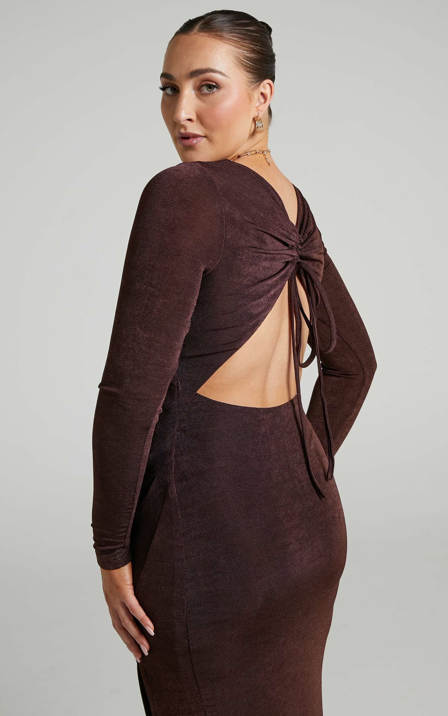 Eulalia Drawstring Open Back Midi Dress in Chocolate - 06, BRN2, hi-res image number null